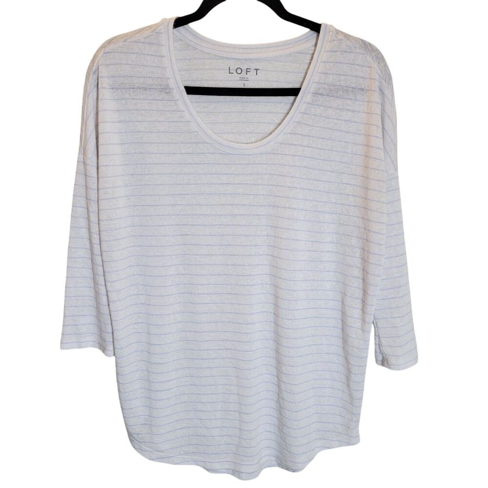 Ann Taylor LOFT Womens Sz S White Blue Striped 3/4 Sleeve Blouse - Picture 8 of 11